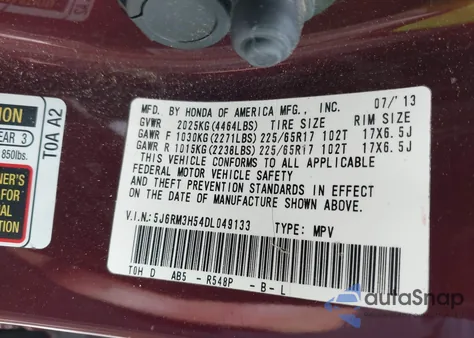 2013 Honda Cr-V Ex from USA, damaged, VIN 5J6RM3H54DL049133